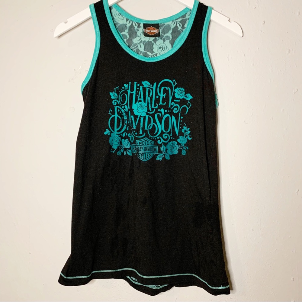 Harley-Davidson Black Tank Top Blue Lace Accent